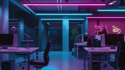 An innovative office environment illuminated by vibrant neon lights, showcasing stylish furniture and a creative workspace, all set in a nighttime ambiance