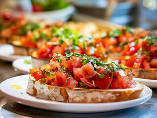 Wall Mural - Close-up of a Fresh Bruschetta Topped with Tomatoes and Basil