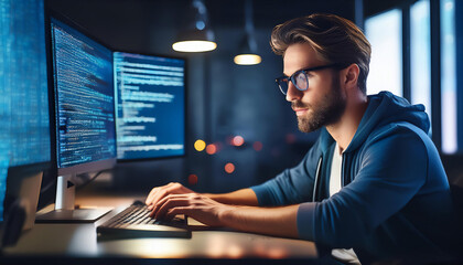 Software developer working at a computer, illustrating technology, coding, and programming.
