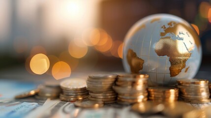 Wall Mural - Golden Globe on Stacked Coins With City Skyline in Background at Sunset