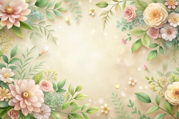 Wall Mural - Delicate pastel flowers and leaves adorn a soft, creamy background, providing a charming border and ample copy space for text or graphics.