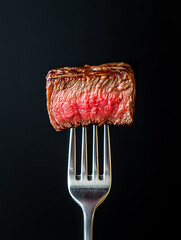 Wall Mural - A mid-rare slice of ribeye steak on the tip of a fork. Isolated on black background. Close up