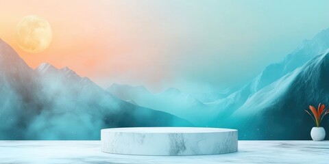 Poster - White Marble Pedestal Against a Misty Mountain Range with a Full Moon and a Plant