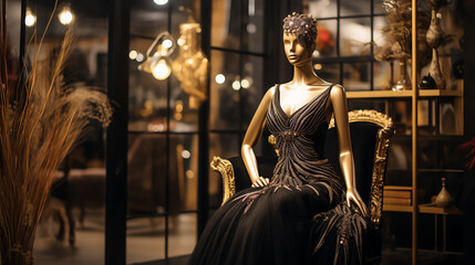  black and gold evening gown on a mannequin in a room with a large window, a table, and chairs.

