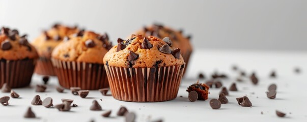 Wall Mural - Freshly baked banana muffins with chocolate chips on white background, 4K hyperrealistic photo