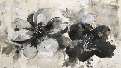 Sticker - Abstract monochrome floral painting with large black and white flowers on a textured light background