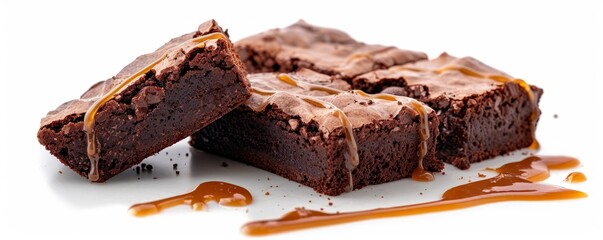 Wall Mural - Freshly baked chocolate brownies with caramel drizzle on white background, 4K hyperrealistic photo