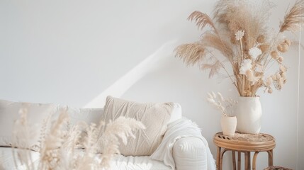 Sticker - Boho living room with dried flower and plant decorations against a white wall.