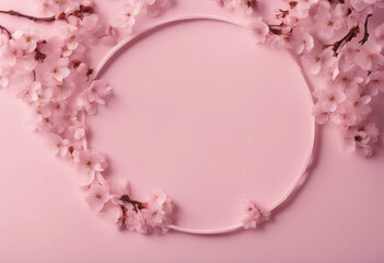 A frame with cherry blossom flowers on a clear light pink background A greeting circle card design f