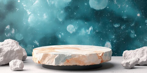 Canvas Print - Stone Platform with a Teal and White Nebula Background