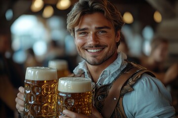 Germany holiday beer Oktoberfest festival. Beautiful european Man dressed in traditional bavarian clothes holding a few large mugs of beer