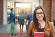 © peopleimages.com - Portrait, girl or art college student on outdoor campus in university for opportunity or studying. Confident, happy woman or proud person with smile or notebook for school, education or scholarship