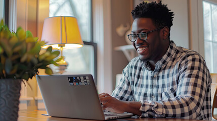 business professional smiling while working on a laptop in a home office