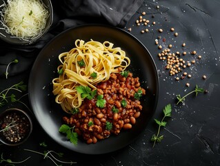 Wall Mural - Chili con carne with pasta, beans, and ground beef on a black plate