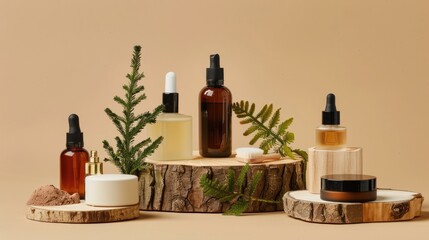 Canvas Print - Eco-friendly beauty product display with wood slice on beige background.