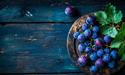 Poster - Fresh purple grapes with green leaves on rustic wooden table