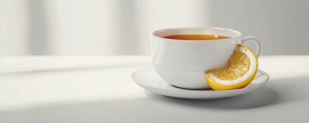 Wall Mural - Freshly brewed cup of lemon tea on white background, 4K hyperrealistic photo