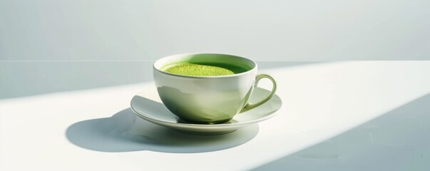 Wall Mural - Freshly brewed cup of matcha tea on white background, 4K hyperrealistic photo