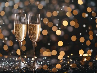 Two Champagne Flutes Against a Festive Bokeh Background