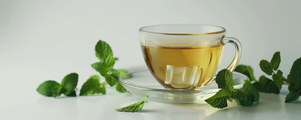 Freshly brewed cup of peppermint tea on white background, 4K hyperrealistic photo