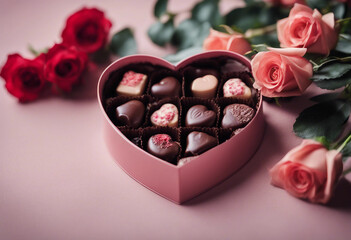 Luxury valentine chocolates in heart shaped gift box and tender roses copy space