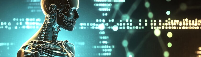 detailed human skeleton with genetic code symbols, [skeleton, genetic code symbols], [concept: genet