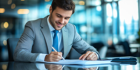 Young handsome manager smiling and signing a contract in his office