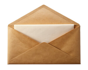 Open brown envelope with an inserted letter visible, highlighting its use for correspondence, mailing, or document organization. Isolated on transparent background, png.