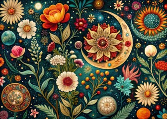 Whimsical vintage botanical illustrations, lunar cycles, and abstract floral blooms intertwined on a vibrant, intricately patterned canvas, evoking a sense of mystical beauty and wonder.