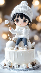 Chibi doll with black hair and a fluffy beanie hat sitting on a decorated cake 