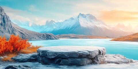 Sticker - Snowy Rock Platform Overlooking Mountain Lake and Peaks