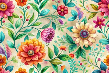 Wall Mural - Vibrant colorful flowers and leaves intricately intertwined creating a stunning floral pattern on a soft pastel background with subtle texture and gentle shading.