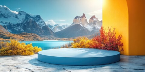 Wall Mural - Blue Circular Platform Against a Mountainous Landscape