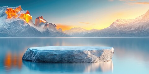 Sticker - A Lone Rock Emerging from a Tranquil Glacial Lake at Sunrise