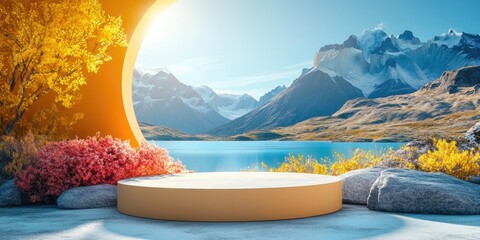 Wall Mural - A Circular Platform in a Mountainous Landscape with Autumn Foliage