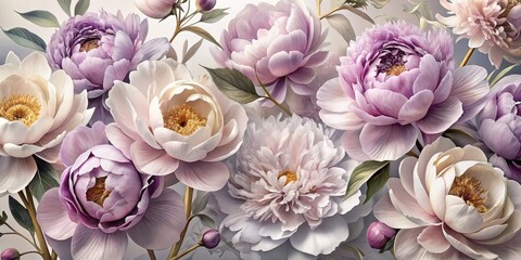 Wall Mural - Delicate peonies in soft pink, purple, and grey hues, adorned with gold and silver accents, bloom beautifully on a crisp white background, exuding elegance and sophistication.