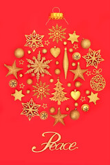 Wall Mural - Christmas peace sign abstract surreal gold tree decoration on red. Festive ornaments with peace on earth message for the holiday season. Greeting card, gift tag Xmas composition.