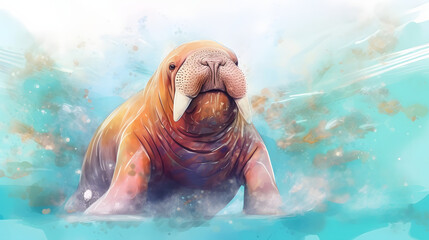 Wall Mural - Walrus Under at sea watercolor style