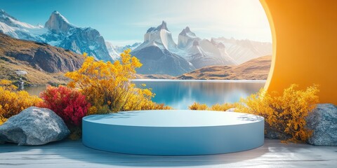 Wall Mural - Blue Circular Platform in Front of Mountain Landscape