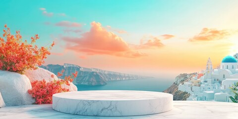 Poster - Marble Product Display Platform Against Santorini Sunset