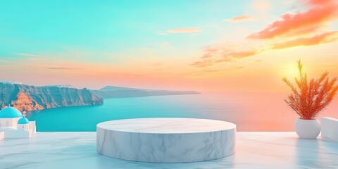 Sticker - Marble Platform Against Santorini Sunset and Sea