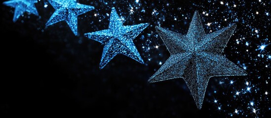 Wall Mural - Blue stars set against a black background with space for your text. with copy space image. Place for adding text or design