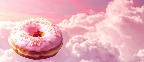 Leinwandbilder - Donut on Pink Creative Food Minimalism Balloon Shaped Donut in the Sky with Clouds Top View with Copy Space Toned