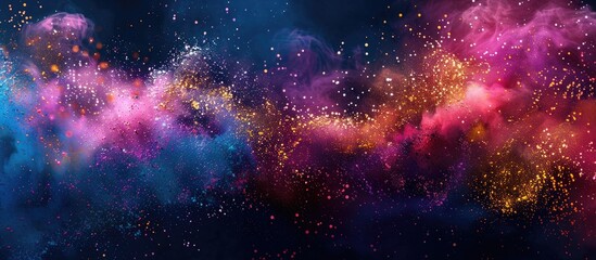 Abstract powder splattered background freeze motion of colored powder bursting throwing color powder multicolored glitter texture. with copy space image. Place for adding text or design