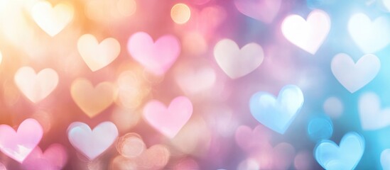 Poster - Blurred background related to Valentine s Day Valentine s Day card Soft pastel colors Multicolored white hearts wallpaper. with copy space image. Place for adding text or design