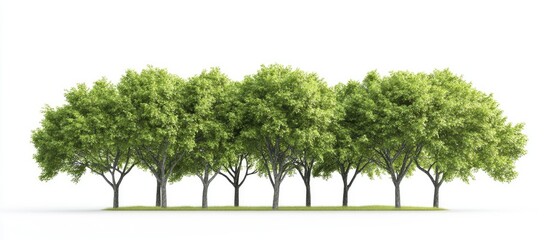 Poster - A group of green elm trees isolated against a white background symbolizes nature ecology conservation strength endurance force and life. with copy space image. Place for adding text or design