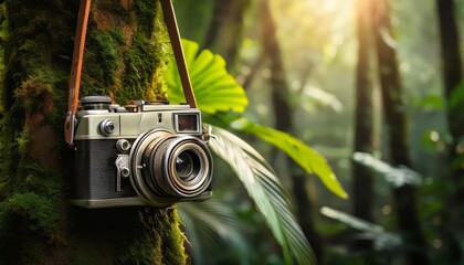 A camera is suspended from a branch of a tree located in the woods