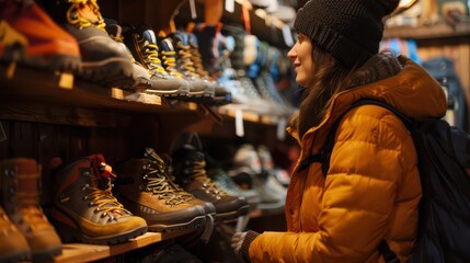 A Woman looking at hiking shoes in a store Ideas for shopping for hiking