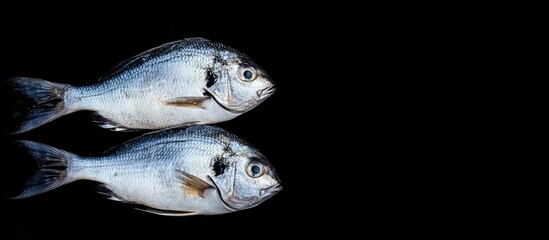 Fototapete - Raw dorado sea bream fish prepared for cooking Black background Top view Copy space