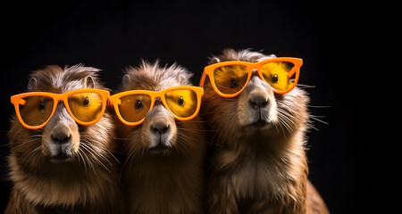 Wall Mural - Creative animal concept. Group of Beaver friends in sunglass shade glasses isolated on solid background, commercial, editorial advertisement, copy text space	
